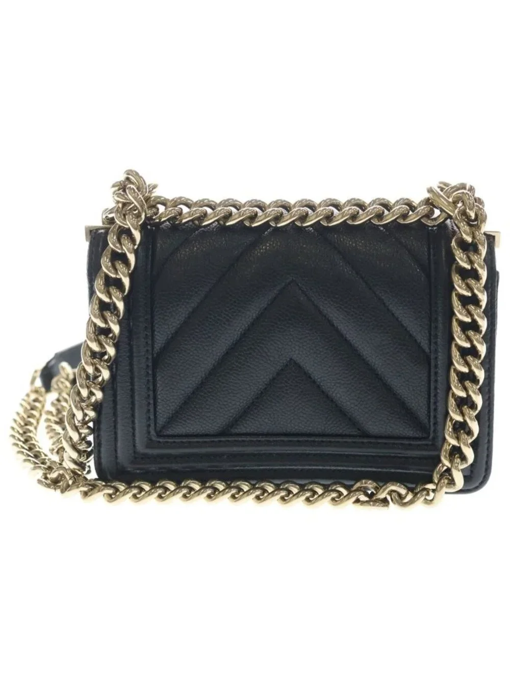 Chanel Boy Mini Chez Blanc Stitch Caviar Leather Gold Chain Shoulder Bag Plate
